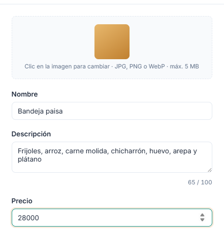 Modal para crear un plato nuevo
